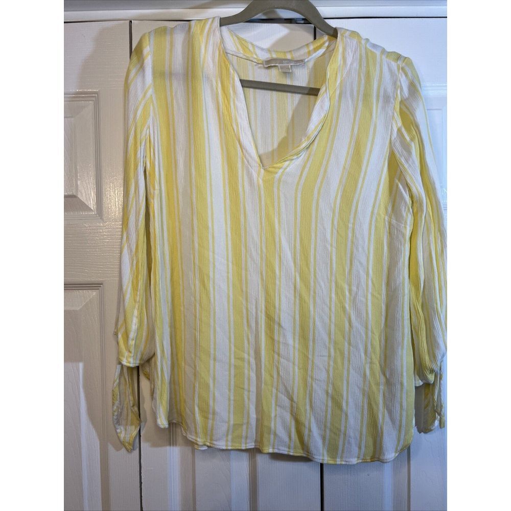 MICHAEL Kors  Women's Yellow & White‎ Striped Tie-Cuff V-neck Top Size Medium